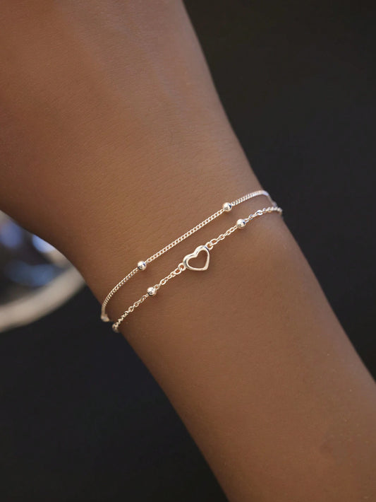 SYMFNY 1Pc 925 Sterling Silver Minimalist Hollow Out Double-Layer Heart Link Bracelet Valentines